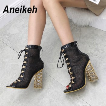 Aneikeh New Summer Sandal Sexy Golden Bling Gladiator Sandals Women Pumps Shoes Lace-Up High Heels Sandals Boots Gold Black